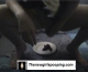 A woman squats over a plate and poops.